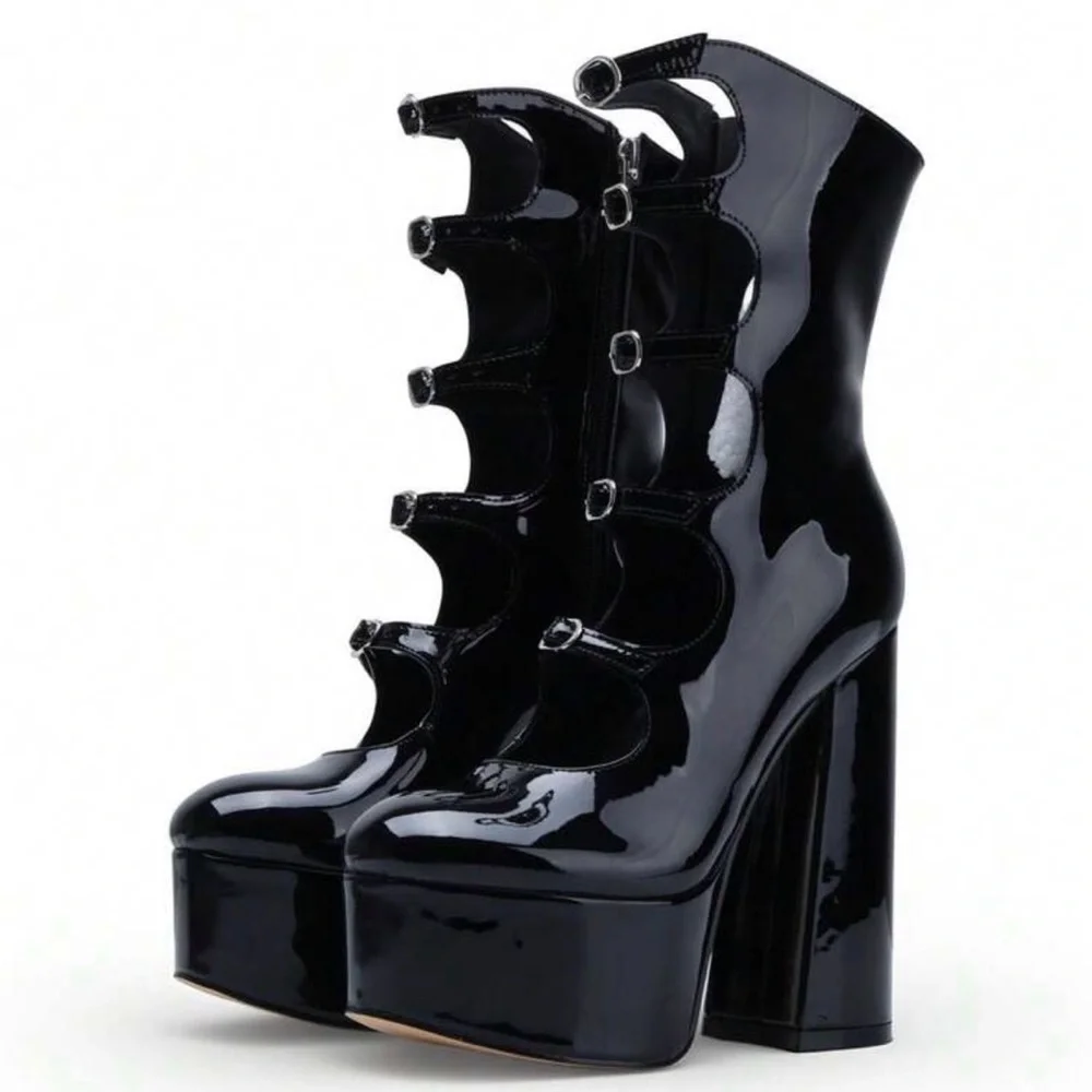 Women's Black Patent Platform Ankle Boots
